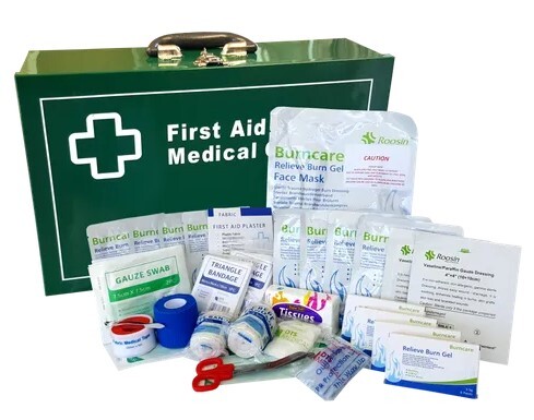 Premium Industrial Burns First Aid Work Place First Aid Kit Green Landscape Metal Wall Mountable Box - DTS Medical